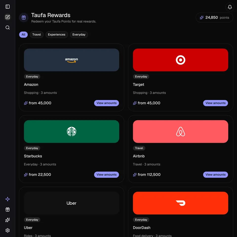 The Taufa Rewards page: gift cards from Amazon, Target, Starbucks and Airbnb, with a 24,850-point balance