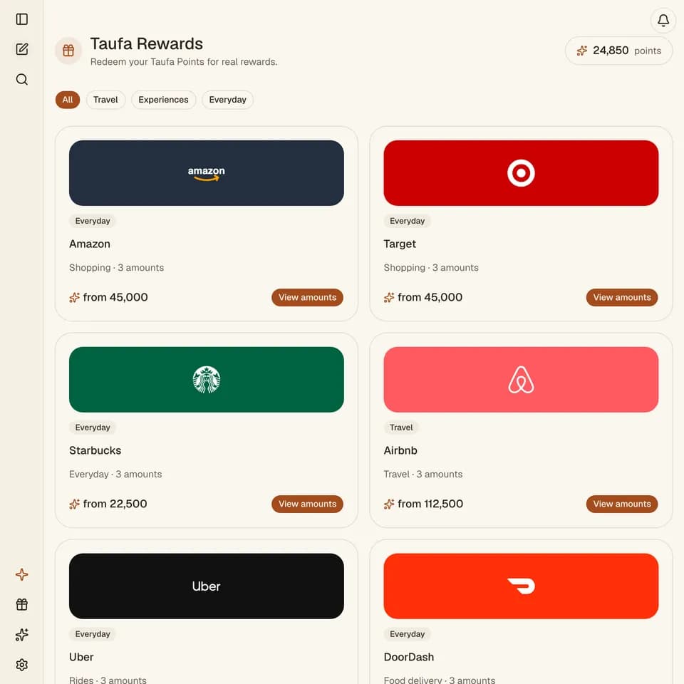 The Taufa Rewards page: gift cards from Amazon, Target, Starbucks and Airbnb, with a 24,850-point balance
